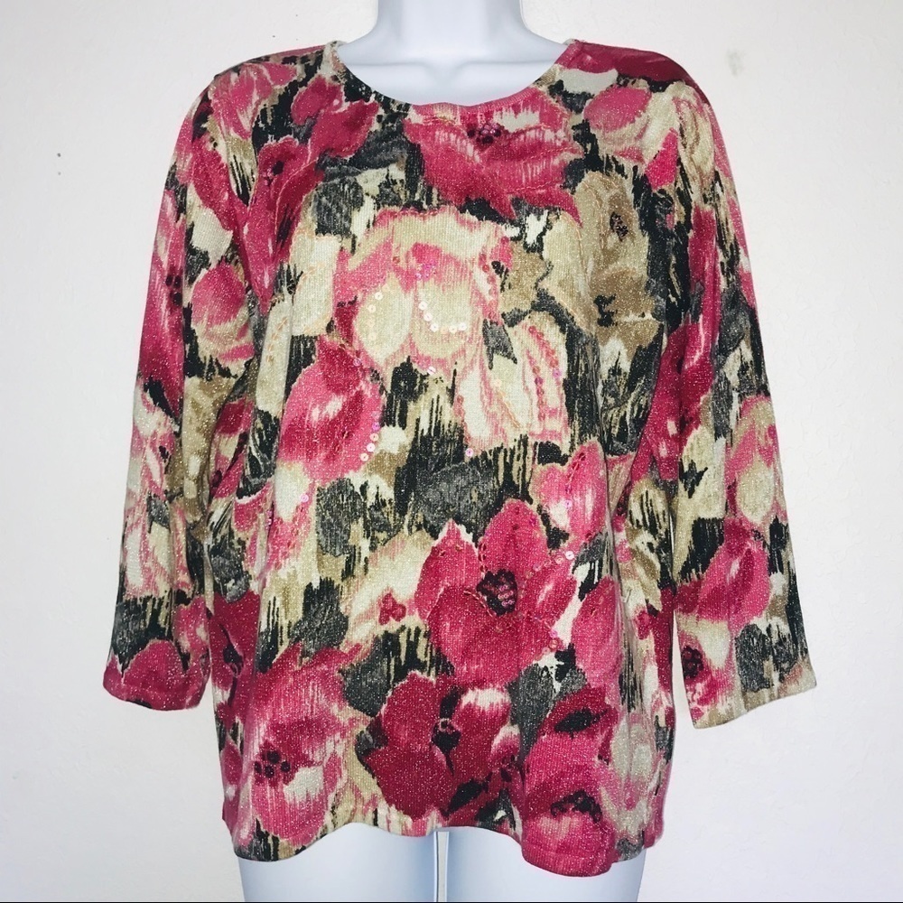 Alfred Dunner Floral Sequin Bead Shimmer Sweater